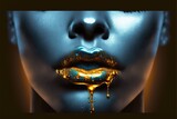 Closeup golden liquid painting on woman sexy lips. Concept in abstract art of beauty woman makeup. Gold liquid dripping on blue makeup face. Finest generative AI.