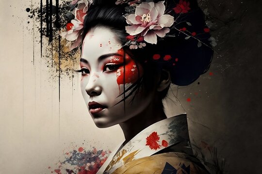 portrait of young japanese geisha in modern abstract art