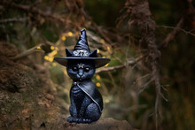 Black Cat Toy In Witch Hat In Forest, Dark Abstract Natural Background. Black Cat - Symbol Of Magic, Witchcraft. Samhain Sabbat, Halloween Holiday Concept. Fall Season