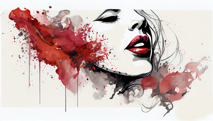 Women Face in Splahsed Red and Black Color Watercolor Painting Art AI Generative