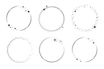 Sparkle star circle frame set. Wreath ring stardust border for party, birthday decor design. Laurel frame with cosmic glitter shine. Isolated black flat vector illustration