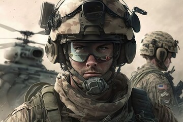 Wall Mural - Military soldiers are together. Realism style detailed picture of human. Generative AI