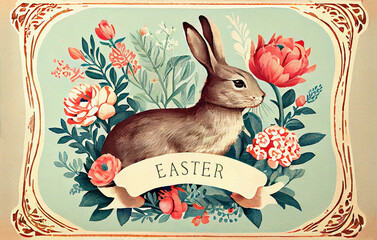 Wall Mural - Vintage engraving Easter card as illustration of Easter bunny in flowers vignette with text Easter as rabbit generative AI art	