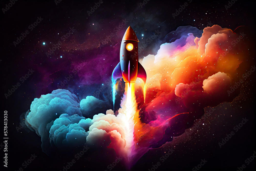 Rocket spaceship blasting off into outer space stars nebula ...