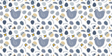 Blue Beige Easter Spring Seamless Pattern With Willow Twigs And Easter Eggs