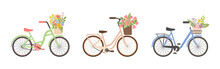 Set Of Three Cute Ladies Bicycle With Baskets Of Spring Flowers. Women City Retro Bike. Summer Vintage Journey Concept. Romance. Good For Cards, Greeting. Flat Vector Illustration On White Background