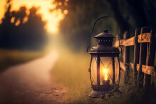 A Beautiful Vintage Lantern, Illuminating A Country Lane, Offering A Rustic And Mysterious Atmosphere. Simplified Perfection For A Romantic Atmosphere. Generative AI