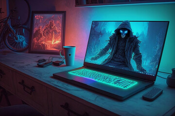 Poster - Laptop neon gamer on the table and tea on the side Generative AI