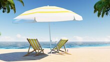 Beautiful Beach. Chairs On The Beach Near The Sea. 3d Animation. Summer Vacation And Vacation Concept For Tourism. Inspiring Tropical Landscape.