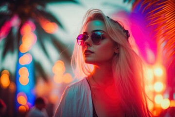 Wall Mural - Attractive girl clubbing at the hot summer dance party. Neon light. Palm trees on background. Vacation nightlife.