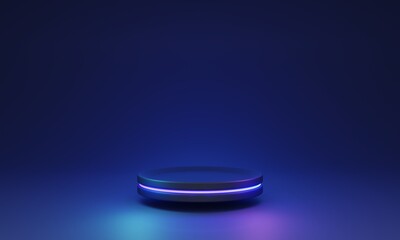 Cyberspace pedestal mockup, 3D illustration. Dark blue platform showcases an empty stage. Copy space to show off products or ideas. Modern, minimal showroom scene illuminated by glowing LED light.