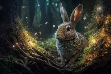 Canvas Print - Rabbit in an enchanted forest with lighted trees Generative AI