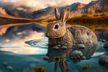 Sticker - Rabbit in beautiful lake Generative AI