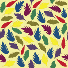 Peacock Feather Seamless Repeat Pattern On Light Yellow Background For Fabric Print, Wallpaper, Bedding And Clothing 