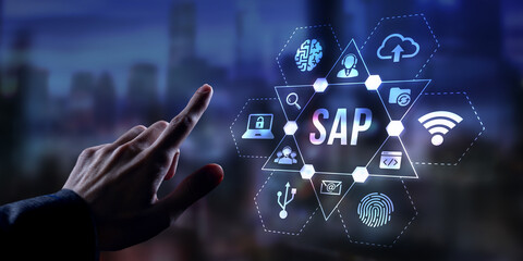 Internet, business, Technology and network concept. SAP System Software Automation concept on virtual screen data center. Virtual button.