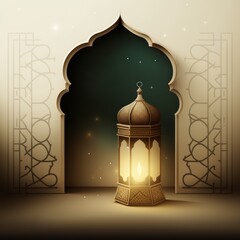 Sticker - A Ramadan Kareem card design with a mosque silhouette and a lantern, set against a linear background