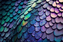 Abstract Art Of Dragon Skin In Seamless Iridescent Fantasy Scales Pattern Design. Closeup Intricate Hyper Realistic Beautiful Animal Skin. Finest Generative AI.