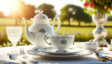 Luxury Porcelain Crockery Set For Traditional English Tea And Breakfast, Served Outdoors With The Sunny Morning Landscape On Background. Generative Ai.