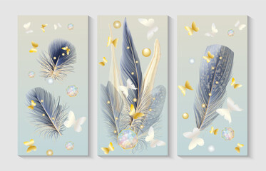 Wall Mural - Set of modern creative gold and blue feather and butterflies. Illustrations for home decor, banners, and prints. Vector illustration.