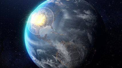 3d rendering, Massive nuclear explosion over united states, outer space view