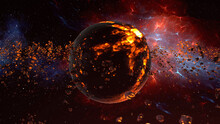 3D Rendering Of Deep Red Space With Dying Star, Lava And Asteroids Surrounding.