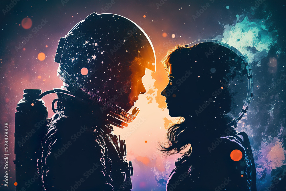 Astronaut in space suit and woman standing together love knows no ...