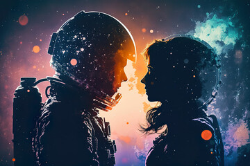 Wall Mural - Astronaut in space suit and woman standing together love knows no bounds. Couple silhouette on dark cosmic background. Cosmic love. AI generated vector illustration.