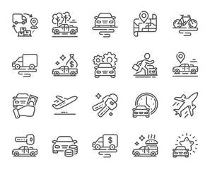 Wall Mural - Transport line icons. Car vehicle, Flight plane and Mountain bike set. Supply chain, Car key and Travel map icons. Food delivery, pickup transport and rent a car. Vehicle road trip. Vector