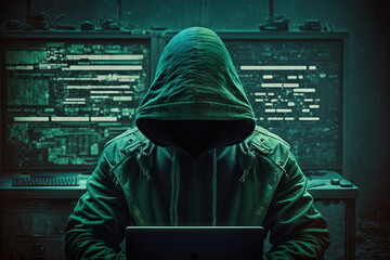 hacker in front of his computer. dark face. generative ai