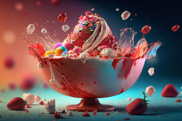 Sticker - Melted ice cream crystal bowl with fruits Generative AI