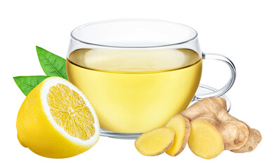 Wall Mural - Cup of tea with ginger and lemon isolated on white or transparent background. Herbal hot drink.