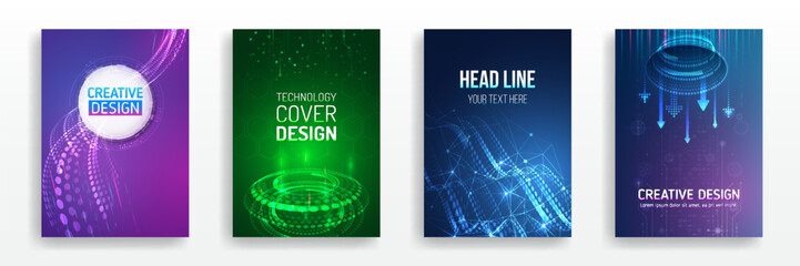 Technology covers corporate documents. Layout template science designs. Brochure, flyer, book, annual report. Blue hi-tech vector illustrations for business presentations. Futuristic business posters.