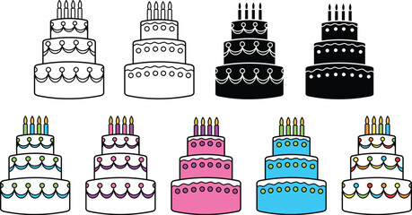 Wall Mural - 3 Tier Birthday Cake Clipart Set - Outline, Silhouette & Color