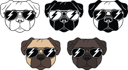 Wall Mural - Pug Wearing Sunglasses Clipart Set - Outline, Silhouette & Color