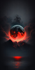 Wall Mural - Minimalistic huge red full moon black dark glacial Generative AI