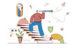 Career opportunity concept with character situation in flat design. Man with spyglass climbs career ladder and looks for better solutions and progress. Vector illustration with people scene for web