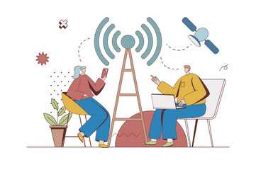 Poster - Wireless technology concept with character situation in flat design. Woman and man using wifi hotspot to get internet access from smartphone or laptop. Vector illustration with people scene for web
