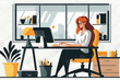 © VIX - Flat vector illustration Young happy beautiful businesswoman sitting at desk and working on laptop. Smiling professional female designer or student using computer e-learning in corporate or coworking