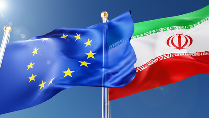 Wall Mural - European Union and iran flags waving in the wind against a blue sky. eu, iranian national symbols 3d rendering