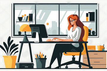 flat vector illustration young happy beautiful businesswoman sitting at desk and working on laptop. 