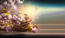 Easter Nest With Eggs And Two Birds On A Wooden Background. Banner. Copyright. Generative AI