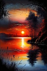 Wall Mural - Beautiful sunset or sunrise illustration digital art design, generative ai