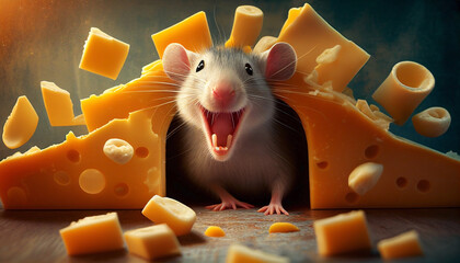 Wall Mural - Cheesy rat eating cheese. Ai generated.