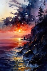 Canvas Print - Beautiful sunset or sunrise illustration digital art design, generative ai