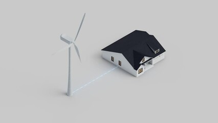 Poster - Wind turbine connected to the house. Wind energy powers a home. Isometric view. Looping video.
