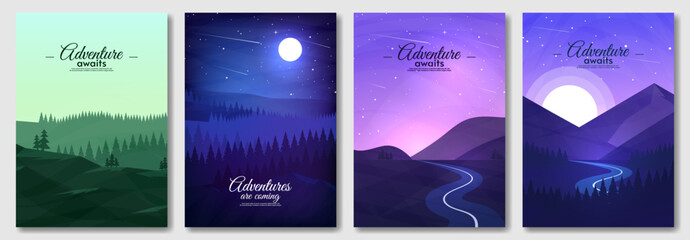 Vector illustration. Set of posters, flat style landscape. Evening, morning, night. Design for poster, postcard, banner, cover. 