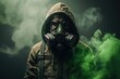 Man with gas mask and green toxic smoke, Generative AI