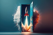 Rocket Coming Out Of Open Door Isolated On Blue Background, Startup Concept, Generative AI
