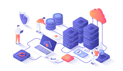 Web hosting, Сloud computing storage, Database, Network connection. Hosting servers, computer, cloud. Isometry illustration with people scene for web graphic.