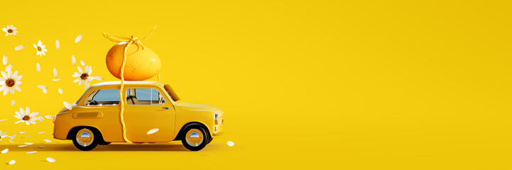 Canvas Print - Cute yellow car with tied Easter egg on the roof. Easter is coming concept on yellow background with copy space. 3D Rendering, 3D Illustration